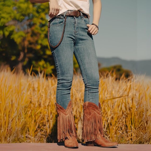 Women's Brown Cow Girl Block Heel Calf High Faux Suede Western Boots Shoes - Picture 7 of 9